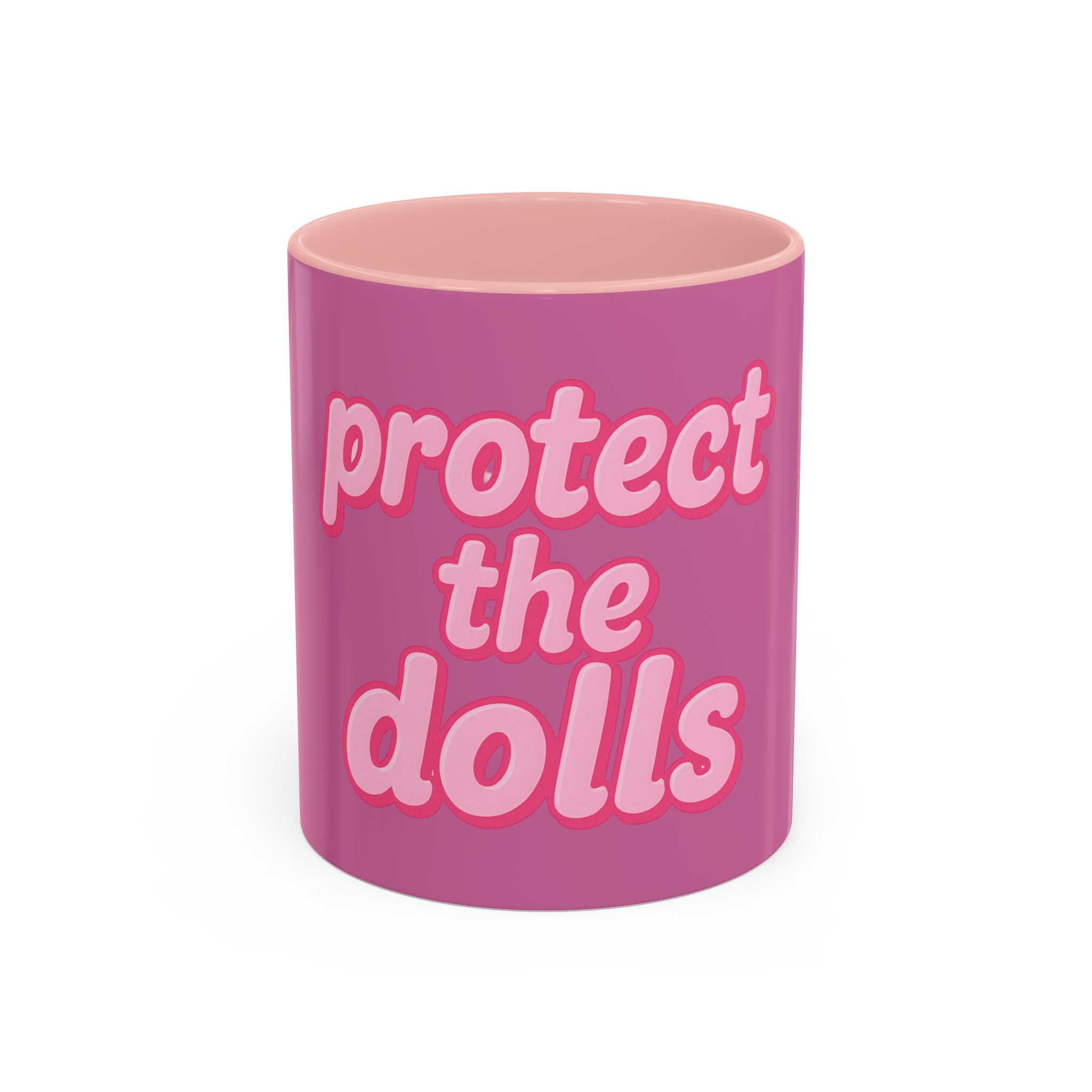 Protect the Dolls Accent Coffee Mug — Pink Retro Typography 11/15oz