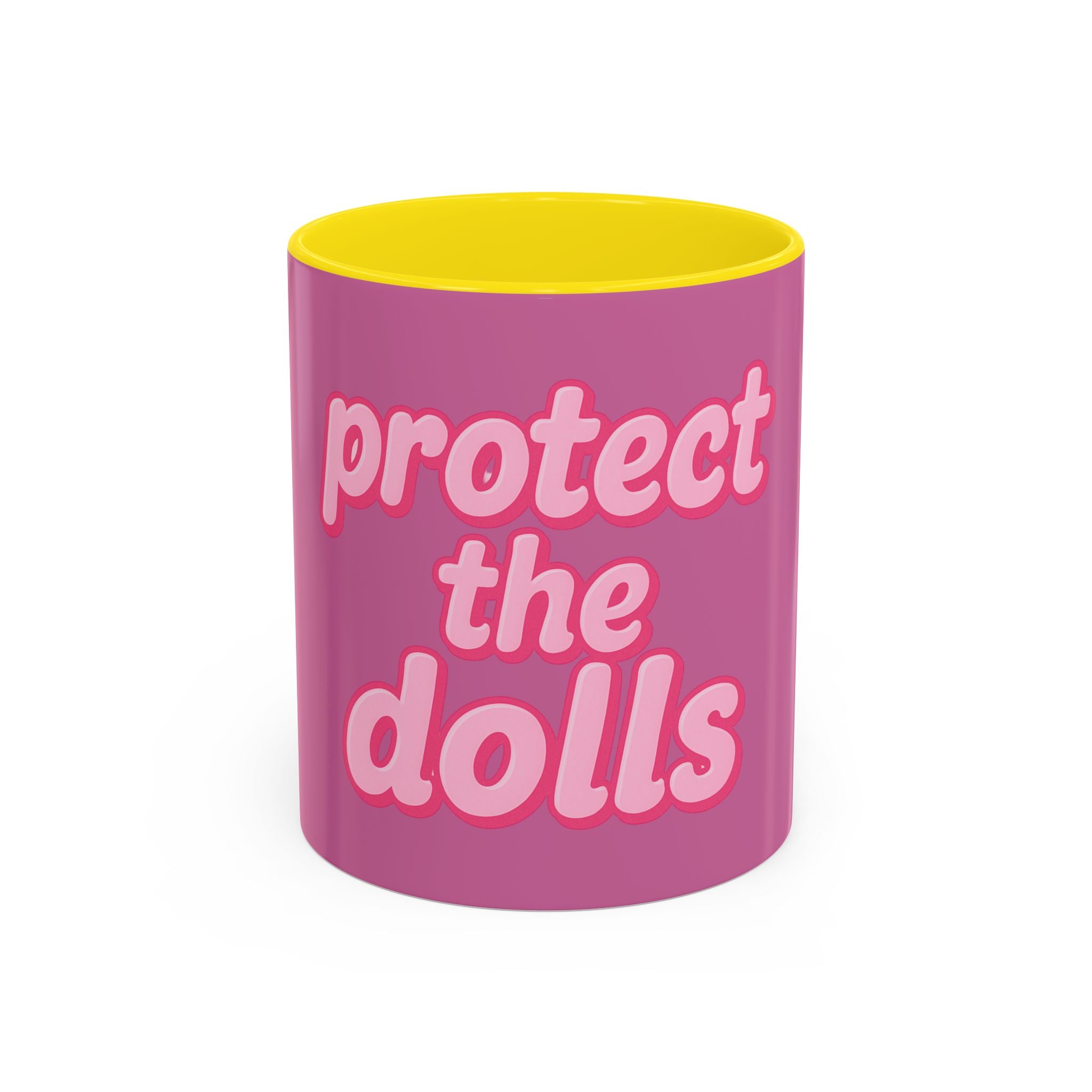 Protect the Dolls Accent Coffee Mug — Pink Retro Typography 11/15oz