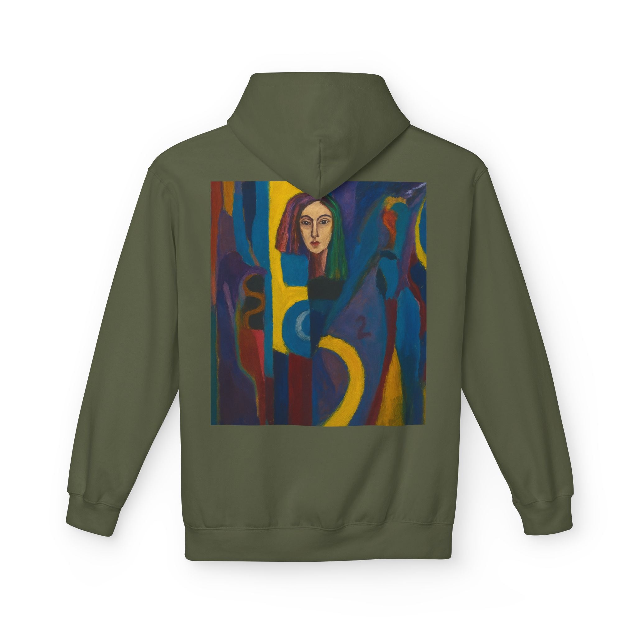 Artistic Abstract Portrait Hoodie — Colorful Modern Expression Back Print