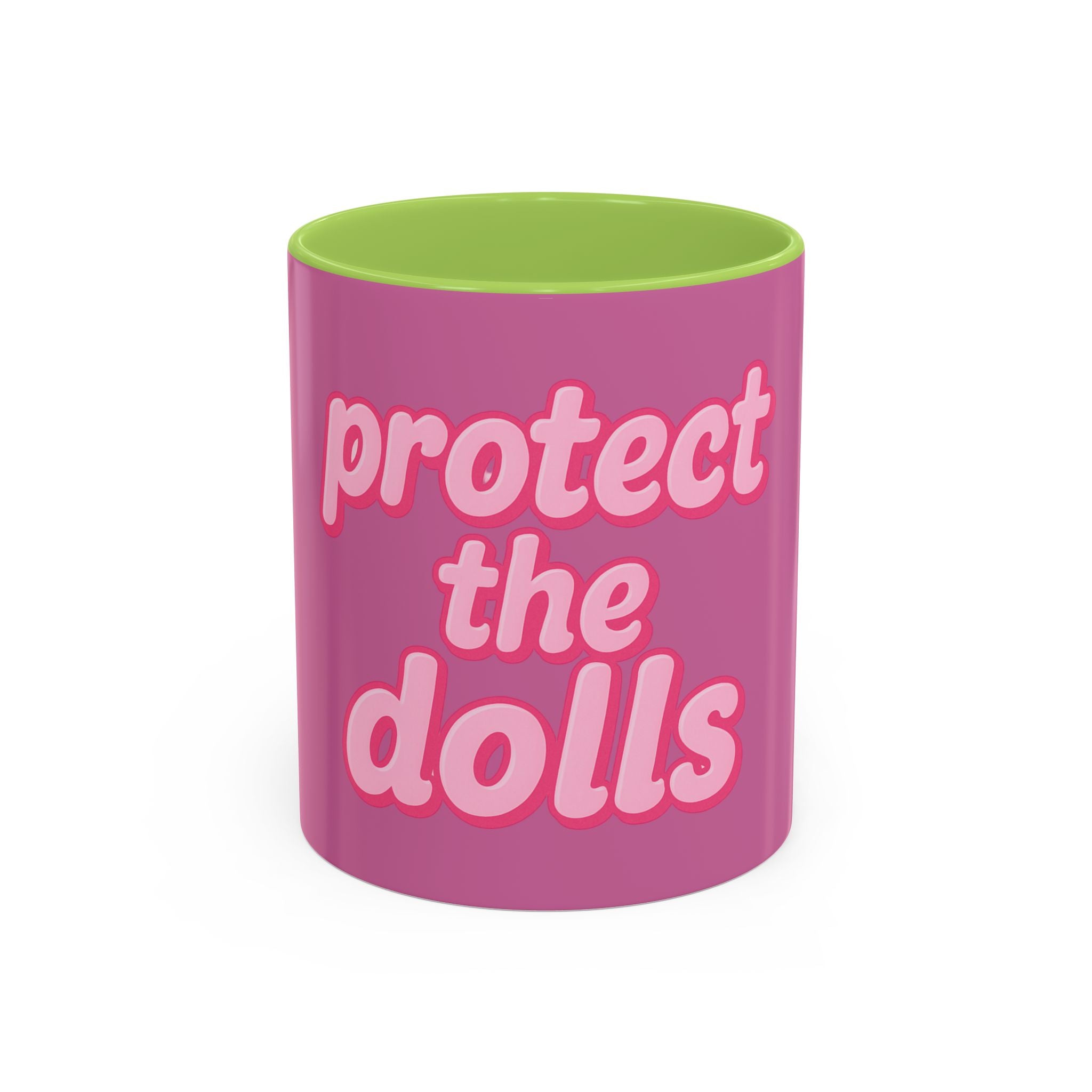 Protect the Dolls Accent Coffee Mug — Pink Retro Typography 11/15oz