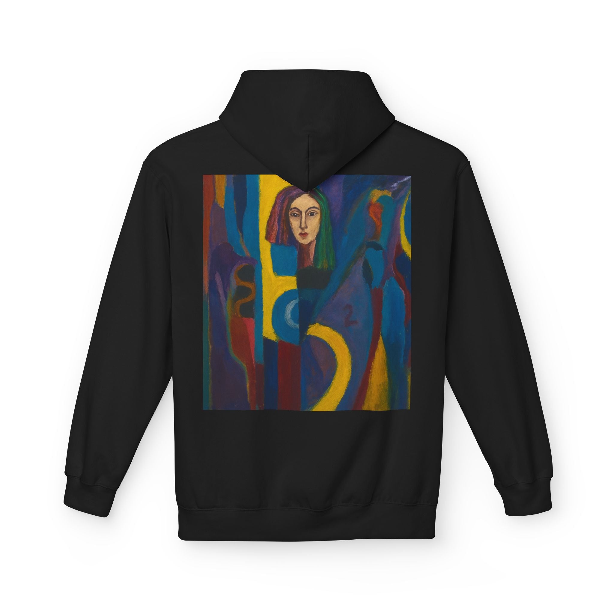 Artistic Abstract Portrait Hoodie — Colorful Modern Expression Back Print