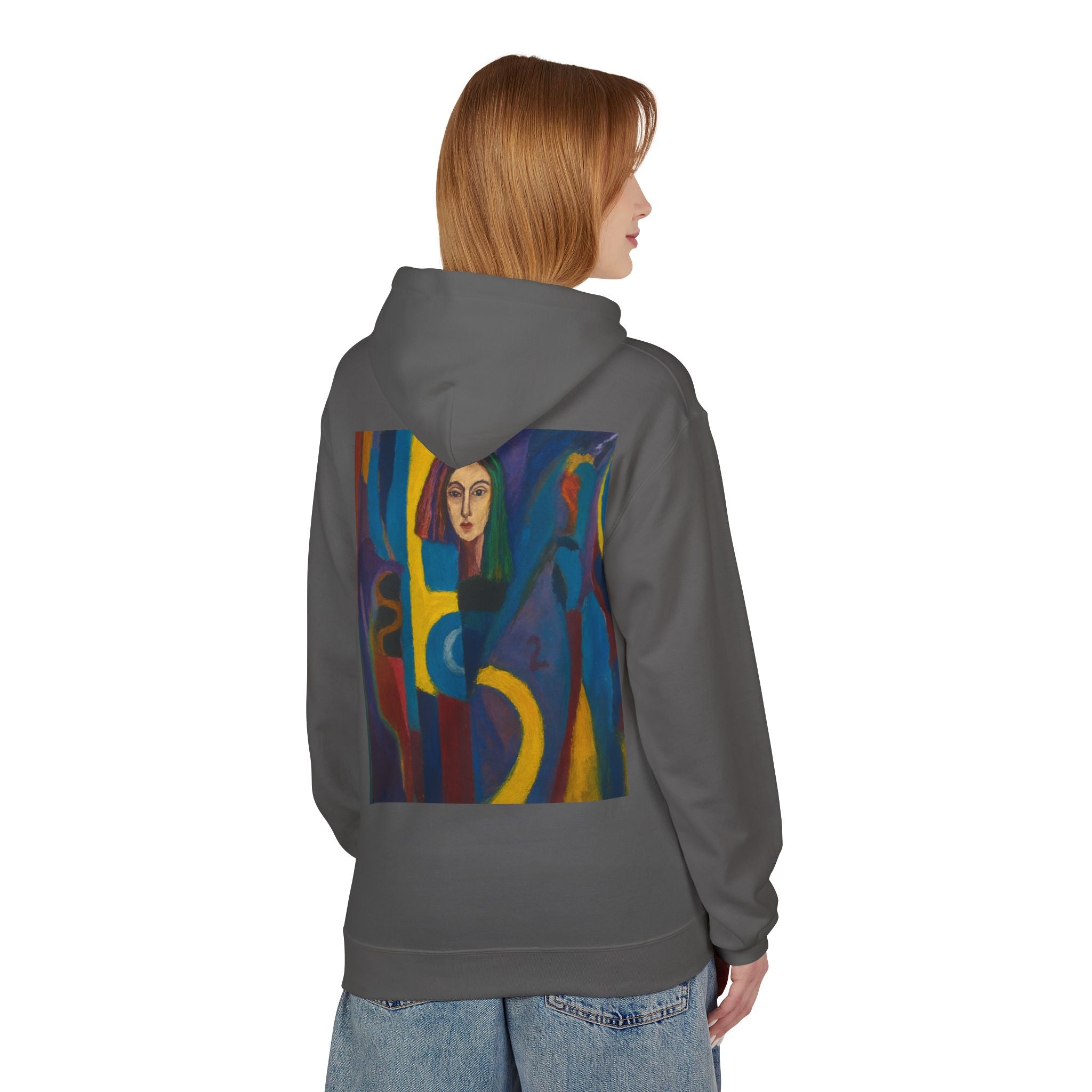 Artistic Abstract Portrait Hoodie — Colorful Modern Expression Back Print