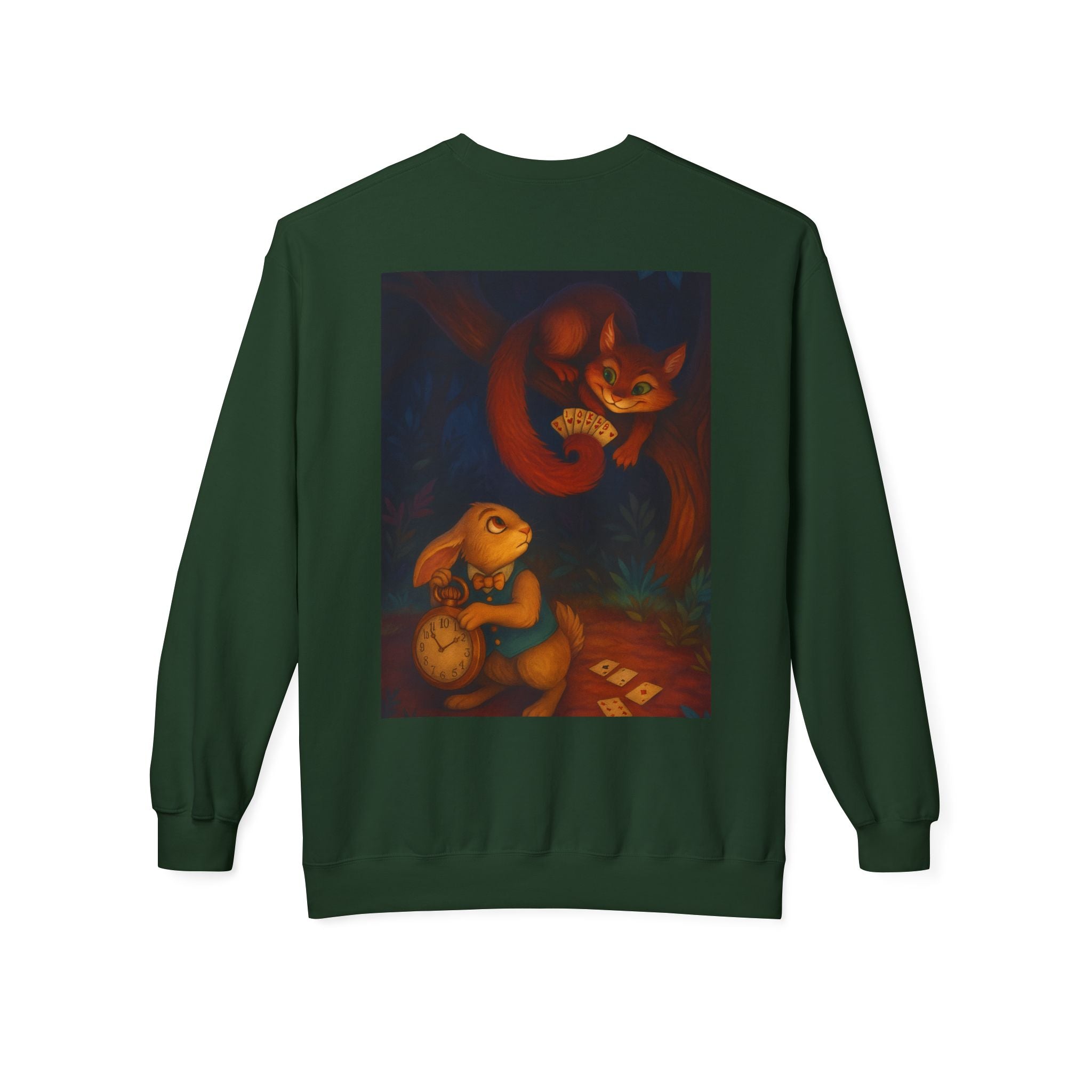 Whimsical Forest Tale Sweatshirt — Bunny & Fox Night Illustration